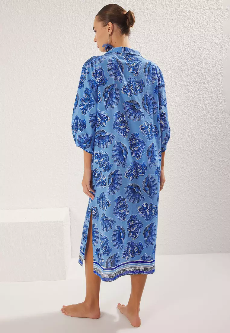 Multi-Colored Slogan Maxi Three-Quarter Sleeve Beachwear Regular Dress