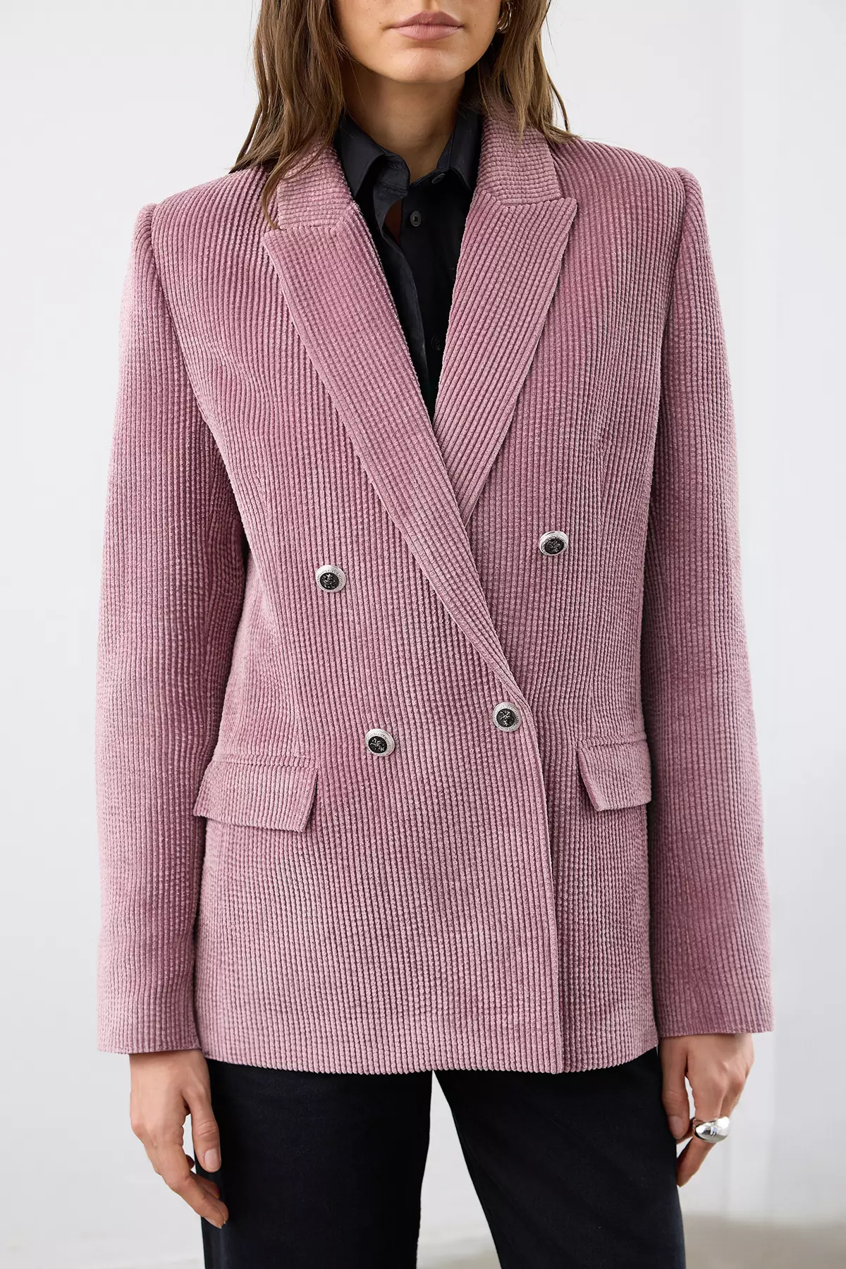 Dusty Rose Double Breasted Regular Fit Corduroy Blazer Jacket