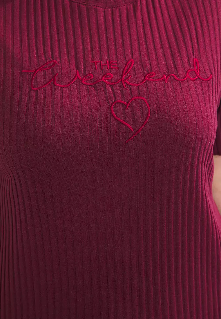 Claret Red Crew Neck Camisole Knitted Pajama Set TBBSS25AI00118