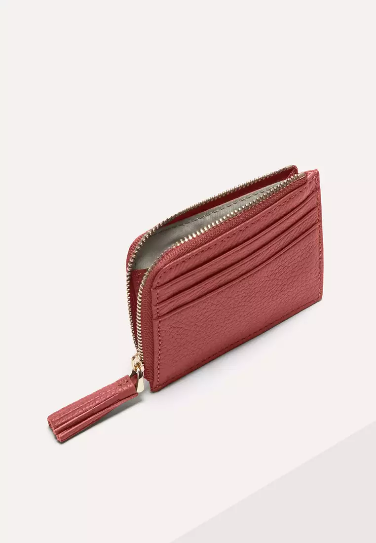 Portacarte Di Credito Coccinelle Con Nappina - Tassel Credit Card Holder New Fucsia, 6 Scomparti + Zip, Pelle Vero, Regalo Elegante