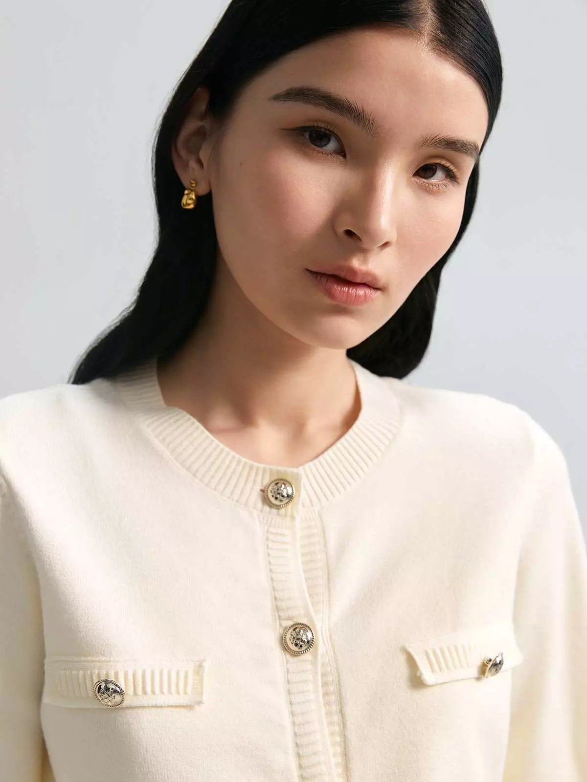 Silver Button Detail Cardigan - Cream