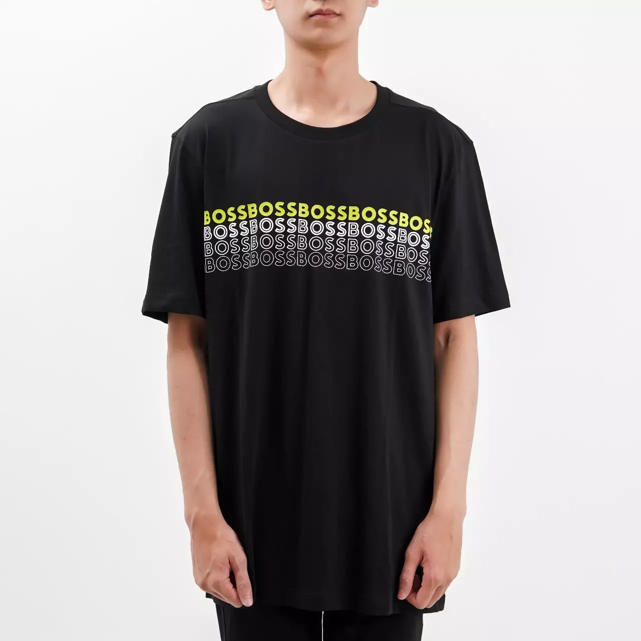 Kaos HUGO BOSS MULTI TEXT LOGO 4 ROW NEON WHITE BLACK TSHIRT 100% ORIGINAL