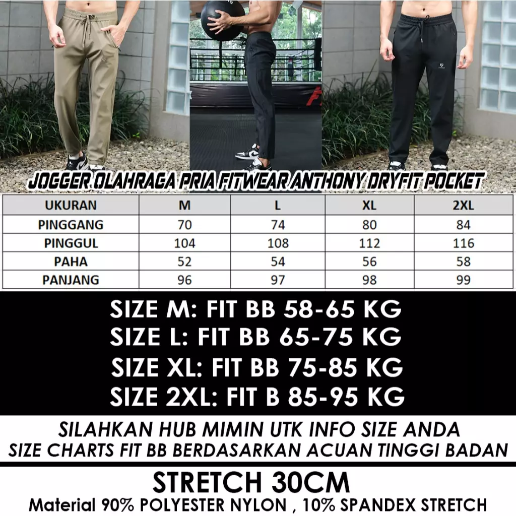 Fitwear Jogger Olahraga Pria ANTHONY STRETCH DRYFIT POCKET - DARK GREY