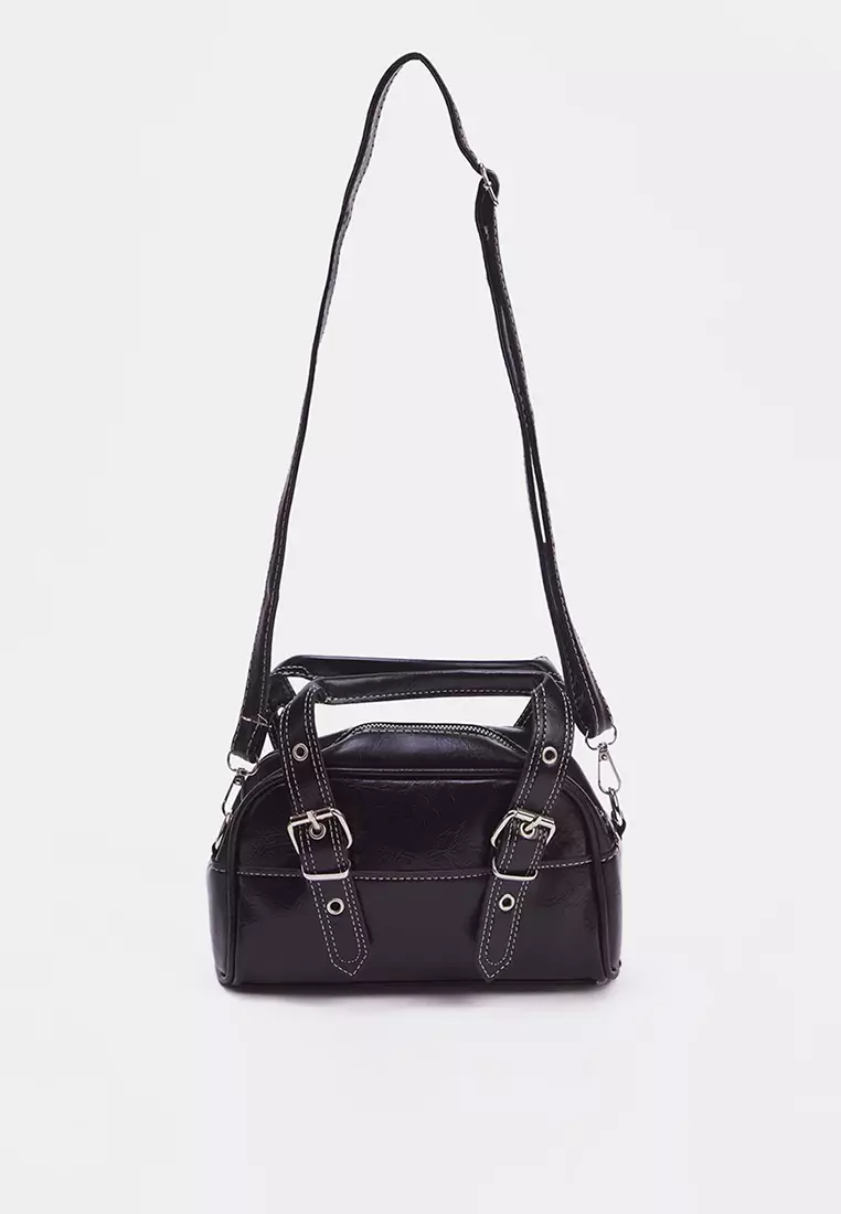 Black Contrast Stitched Women's Bowling Small Mini City Hand And Shoulder Bag