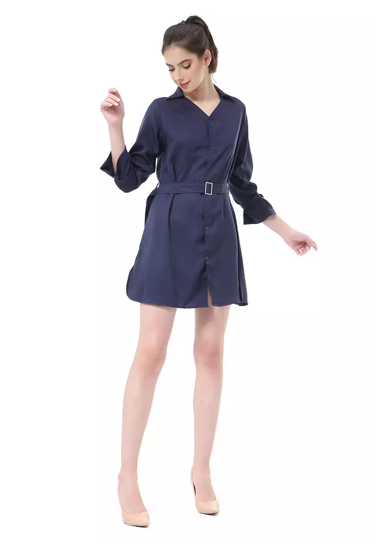 Rachel Dress Wanita Model Kemeja Long Sleeve with Belt Material Mosscrepe ORIGINAL - Navy