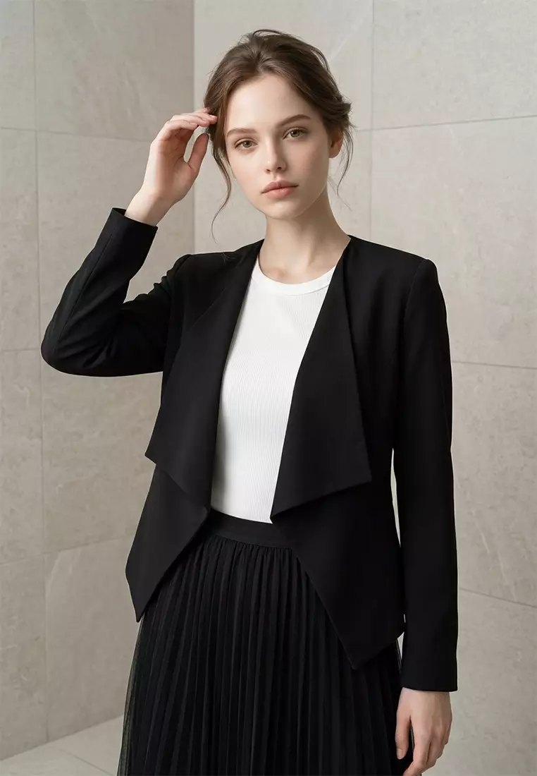 Collarless Draped Open-Front Blazer