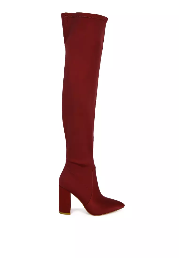 Burgundy High Block Heeled Long Boot