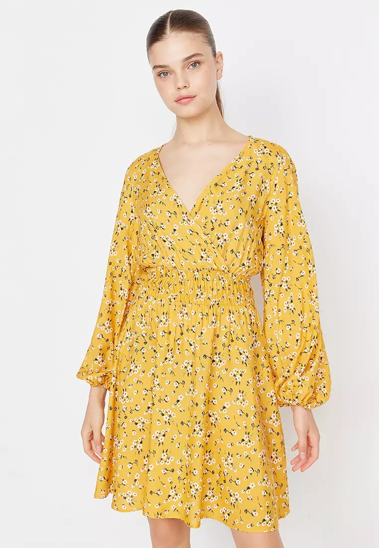 H&m yellow clearance floral wrap dress