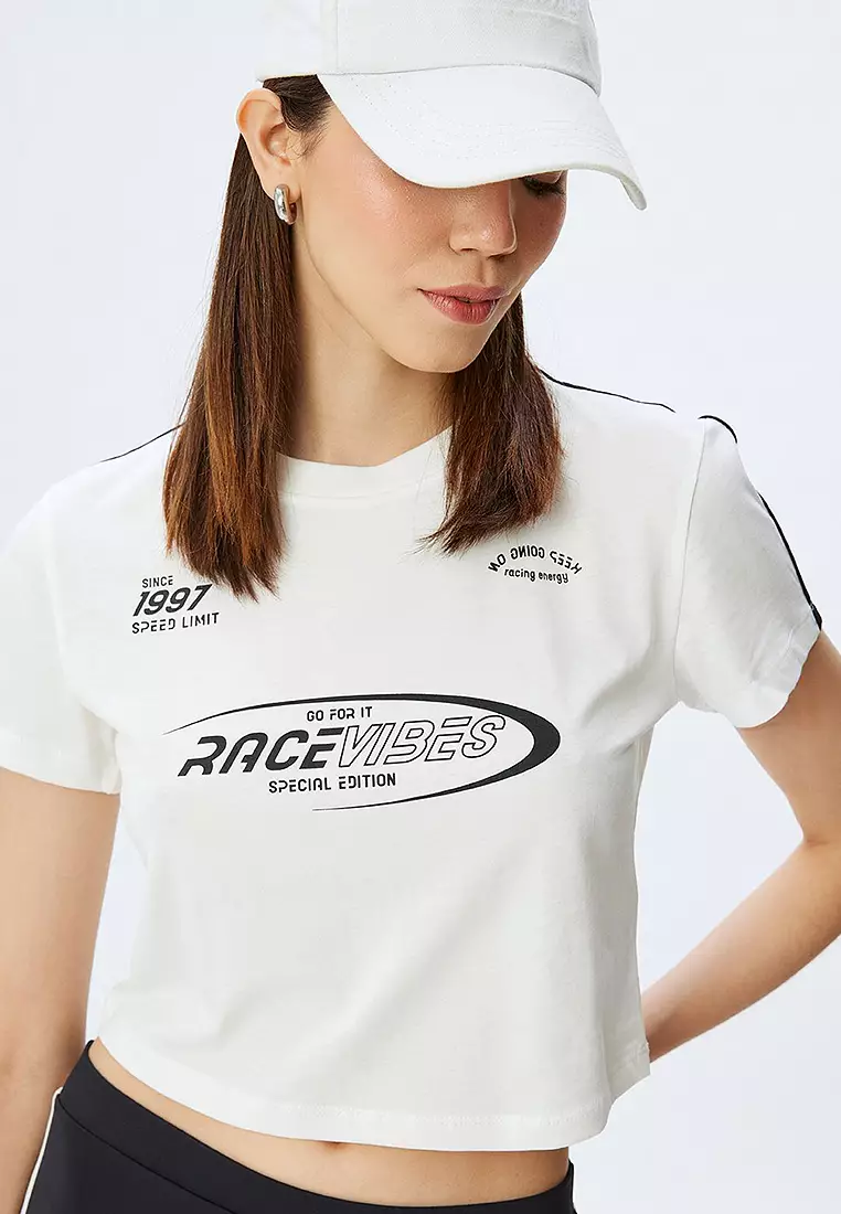 Crop Printed Bias Crew Neck Short Sleeve Cotton T-Shirt