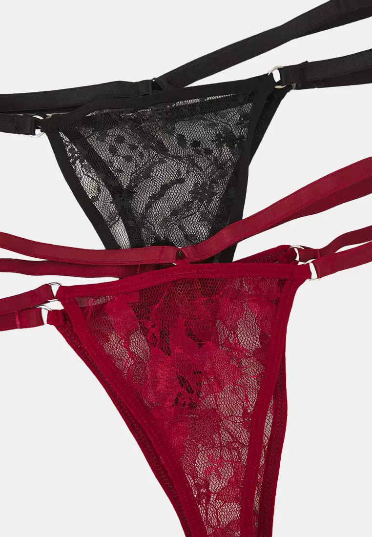 Black-Red 2-Pack Lace Elastic Floral Thong Knitted Panties