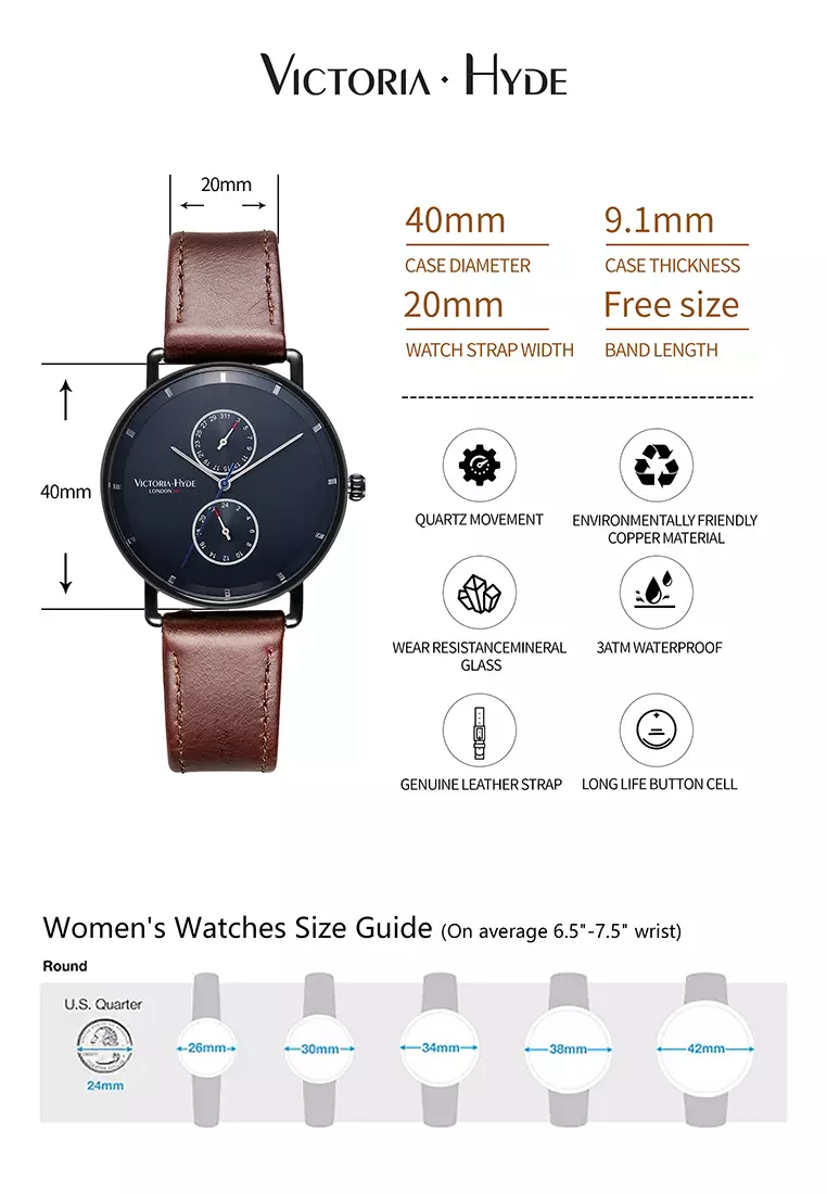 Men's Watch 40mm Grange Hill Date Leather Brown Leather Strap Black Case- Brown