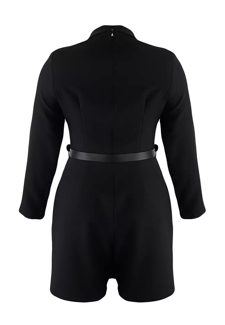 Black Woven Belt Dress Look Mini Plus Size Jumpsuit Tbbaw26Bg00000