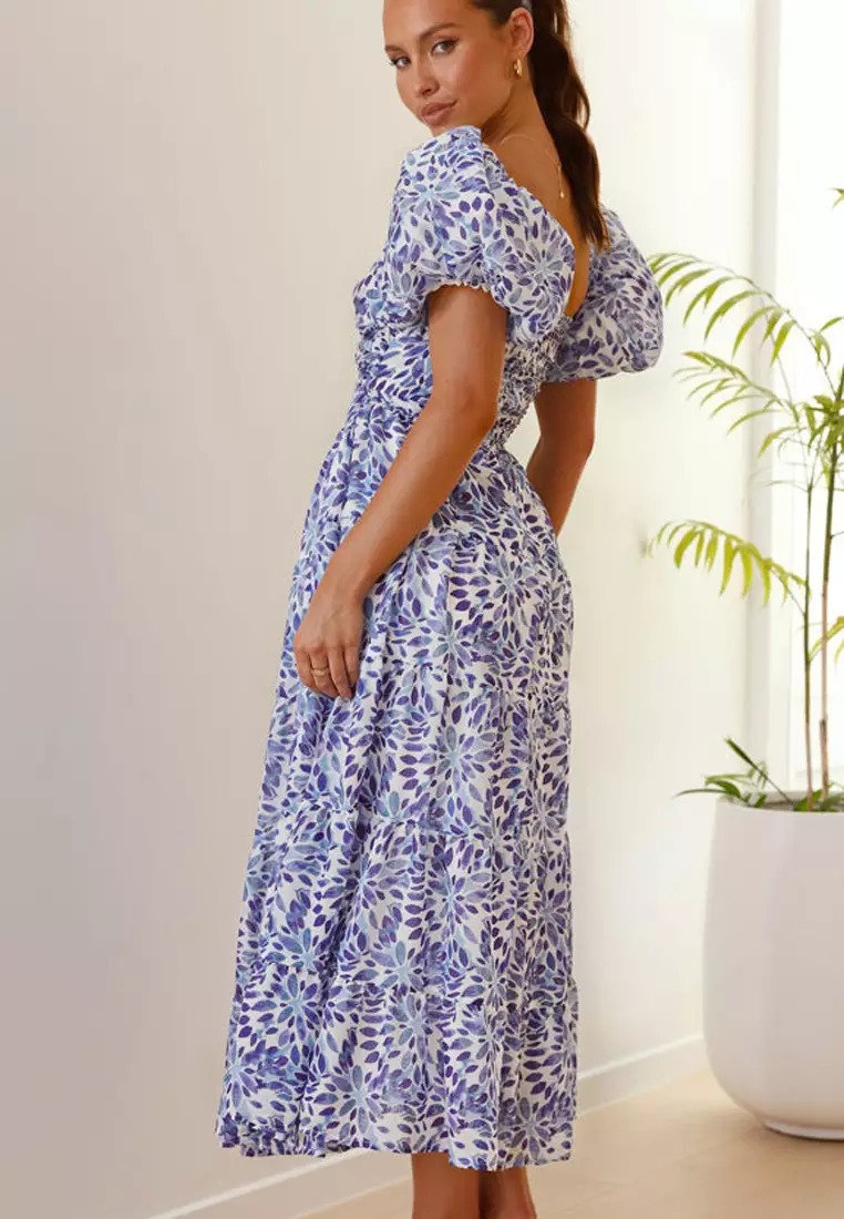 Summer casual printed waist cinched bubble sleeve dress CA25042266PU