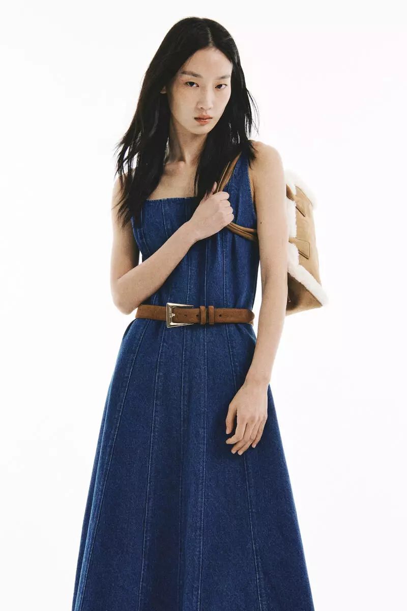 Flared-skirt denim dress