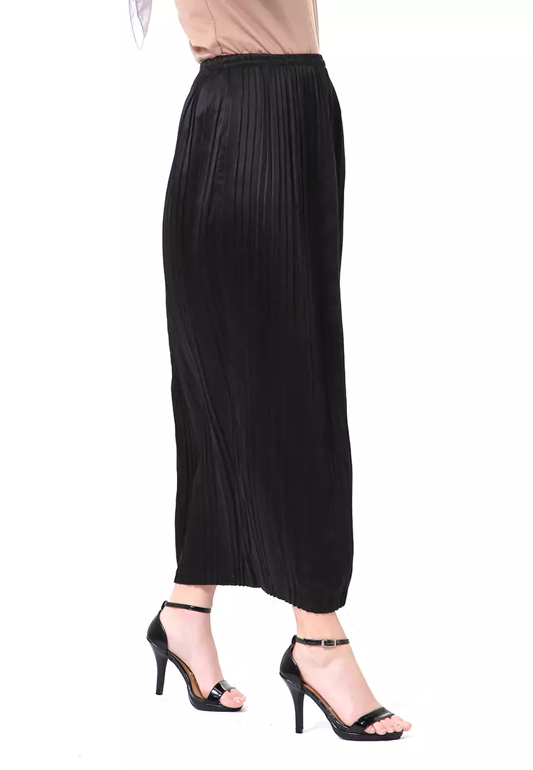 Angely Rok Plisket Rubbery Waist Fashion Wanita Simple - Hitam