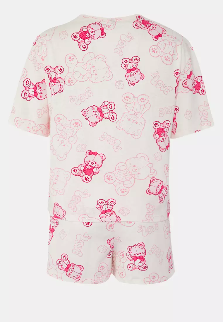 Pink Teddy Bear Shorts Knitted Pajamas Set