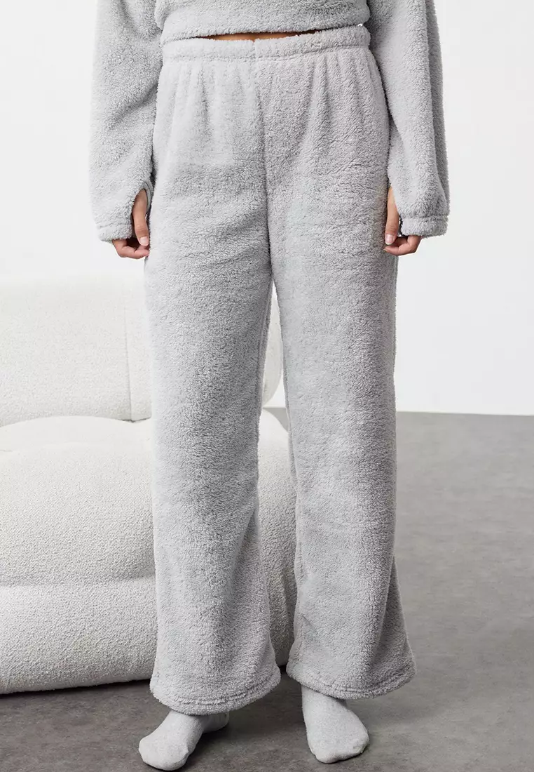 Gray Hooded and Embroidered Wellsoft Winter Knitted Pajama Set THMAW25PT00143