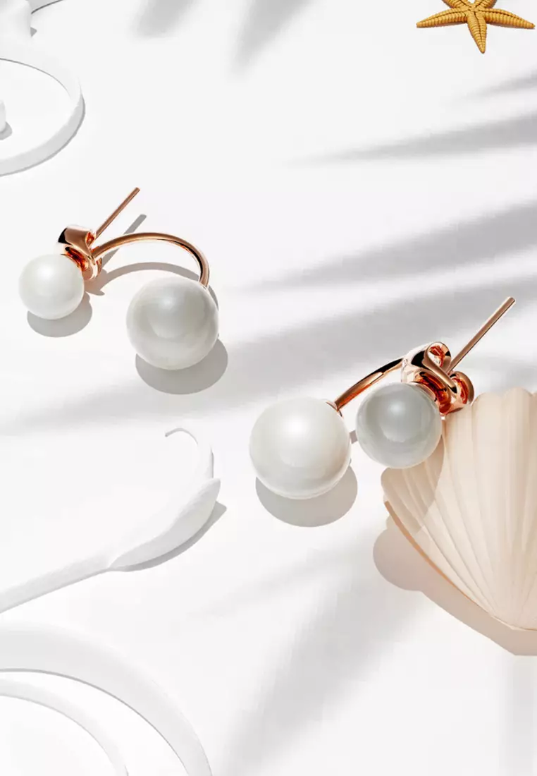 Rose Gold Duo Pearl Stud Earrings Embellished with SWAROVSKI® Crystal Pearl