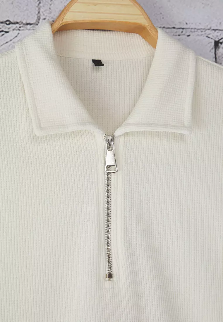 Ecru Oversize/Wide Textured Cut Zippered Polo Neck T-shirt TMNSS25PO00006