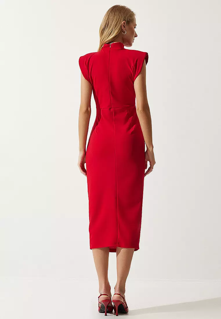 Elegant Brooch Gathered Wrap Knitted Dress