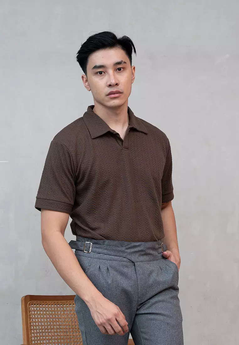 Houseofcuff Polo Shirt Rajut Stretch Lengan Pendek Pria Coklat Taupe