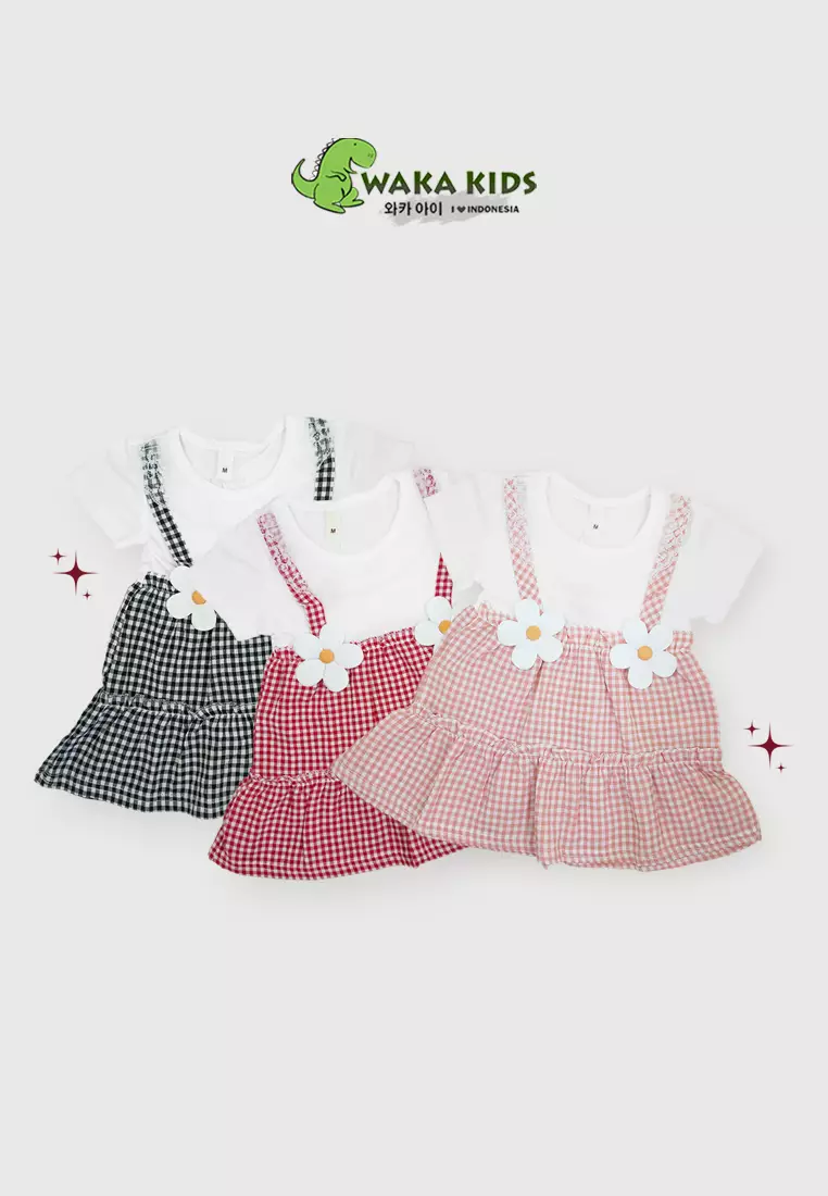 Wakakids Dress Bayi Anak Perempuan Lengan Pendek Katun Bunga Kombinasi Kotak Kotak 4482 Venrc Merah