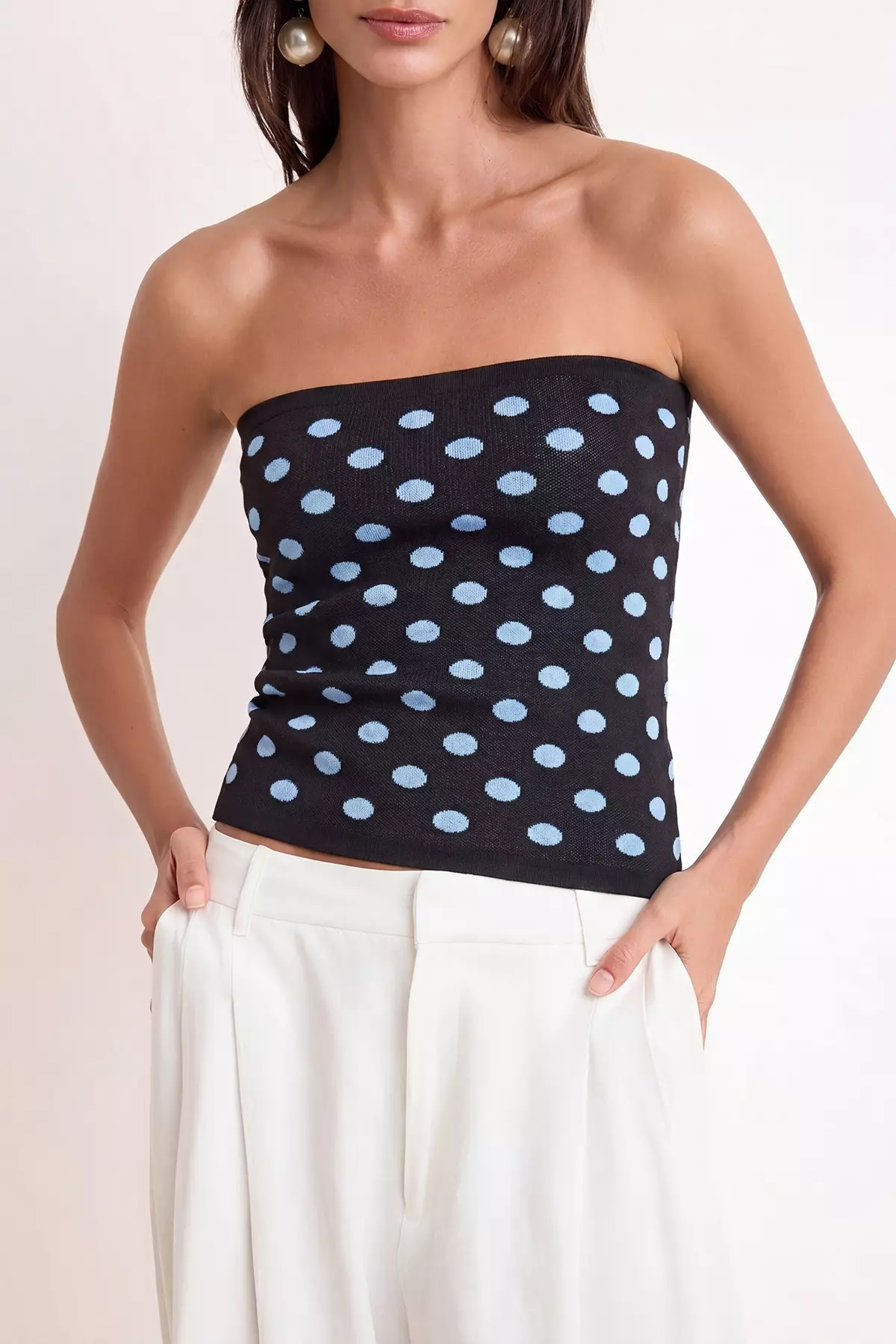 Brown Strapless Polka Dot Knitwear Blouse Twoss26Bz00323