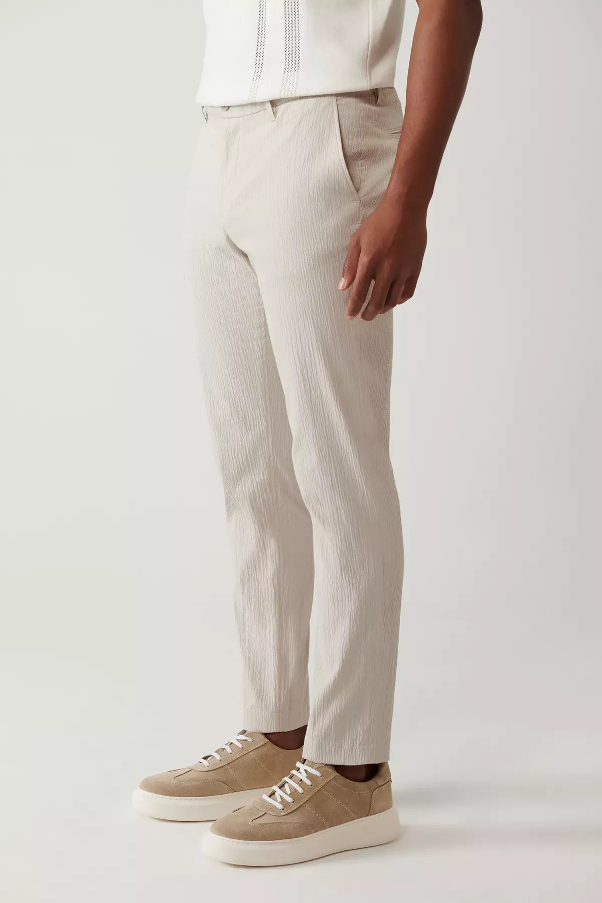 Men'S Beige Side Pocket Stretch Fabric Waffle Cotton Lightweight Relaxed Fit Trousers A41Y3202
