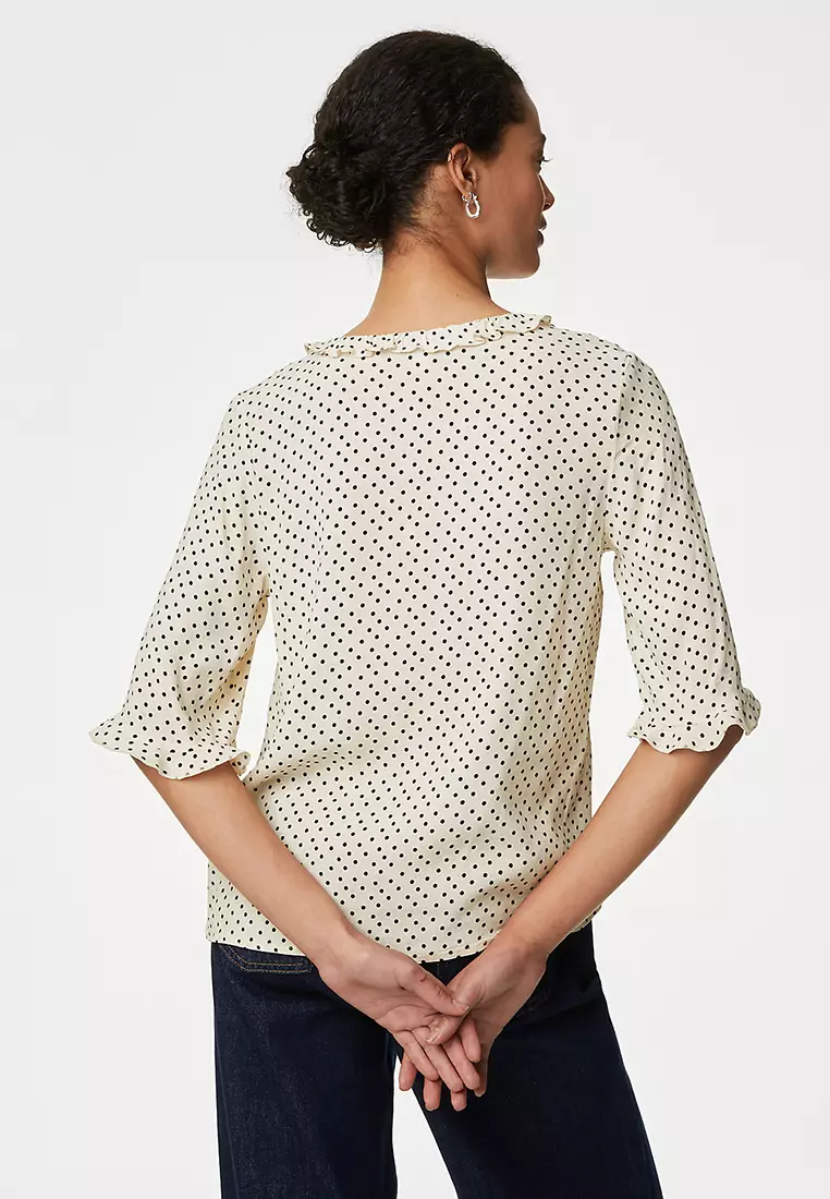 Polka Dot V-Neck Frill Detail Blouse