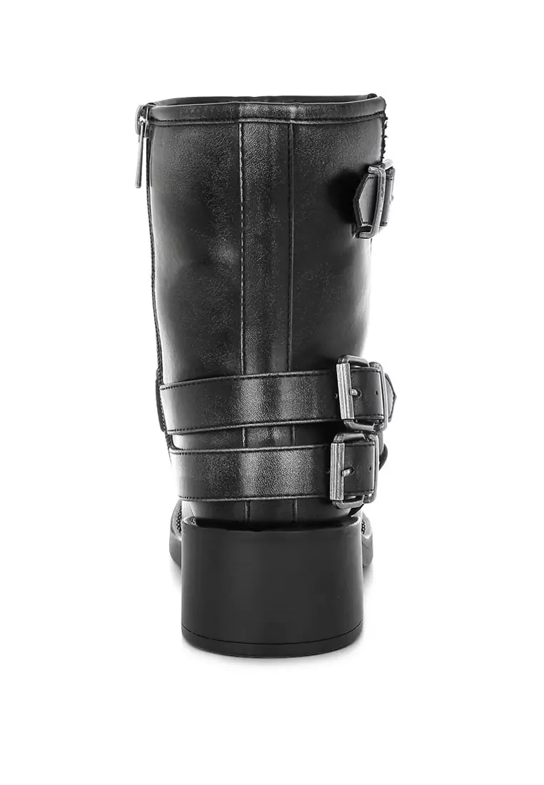 Harness Detail Biker Boots in Black