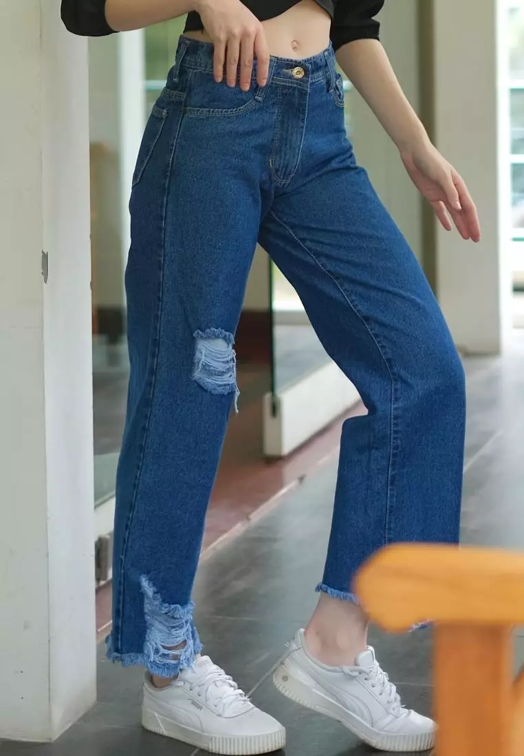 Fitwear -Hazel Highwaist Kulot Ripped Jeans - Blue denim