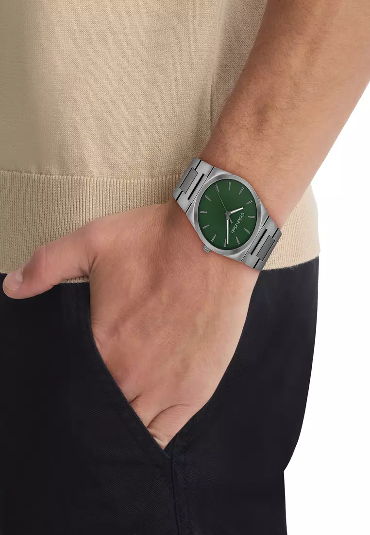 Men's Gray Stainless Steel Deep Green Dial Quartz Watch - 25200545
