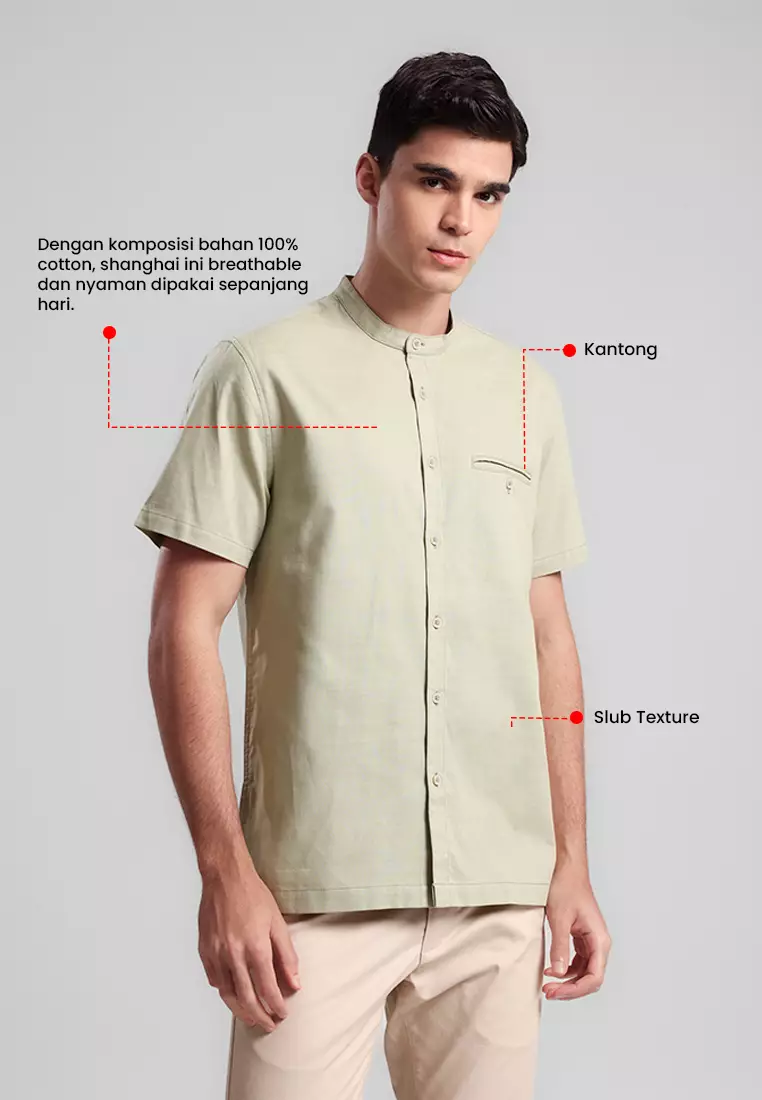 MANZONE - Kemeja Shanghai Lengan Pendek Pria Alif Modern Fit - Light Green Warna Green_Light