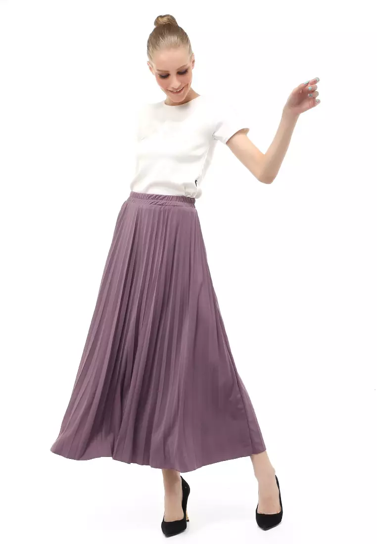 Skirt Plisket Bawahan Wanita Motif Polos Relaxed Fit - Ungu Soft