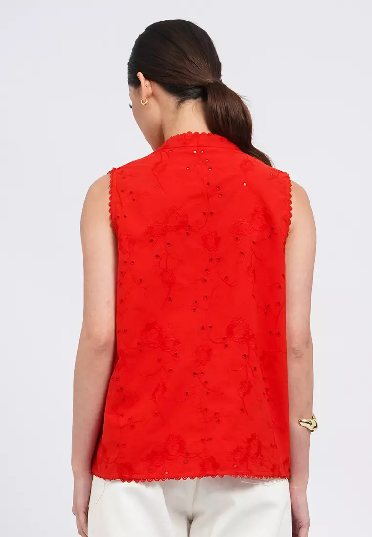 Textured Mandarin Collar Tied Vest  RED