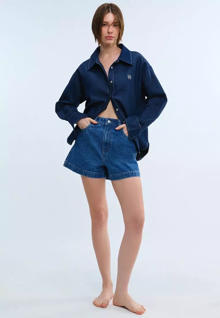High Waist Tailored Mini Shorts - Blue