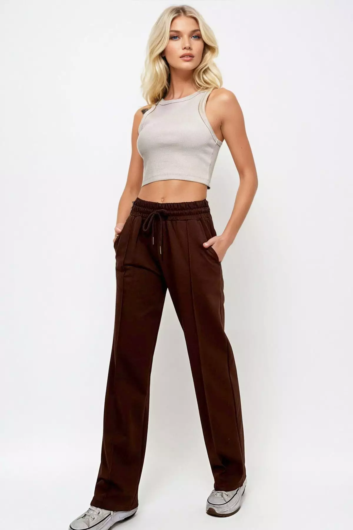 Brown Plain Regular Normal Waist Sweatpants