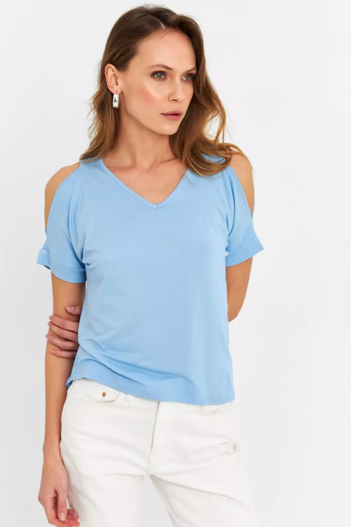 V-Neck Cold Shoulder Blouse