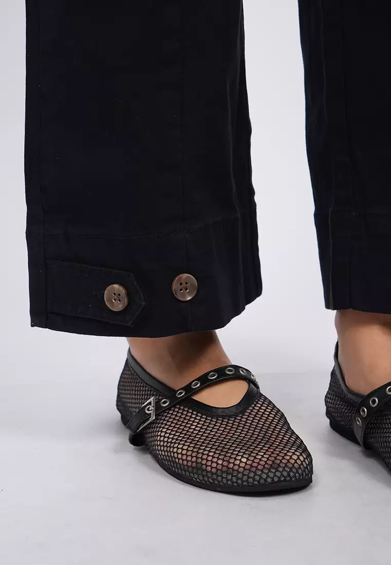High Waist Buttoned Hem Pants BLACK