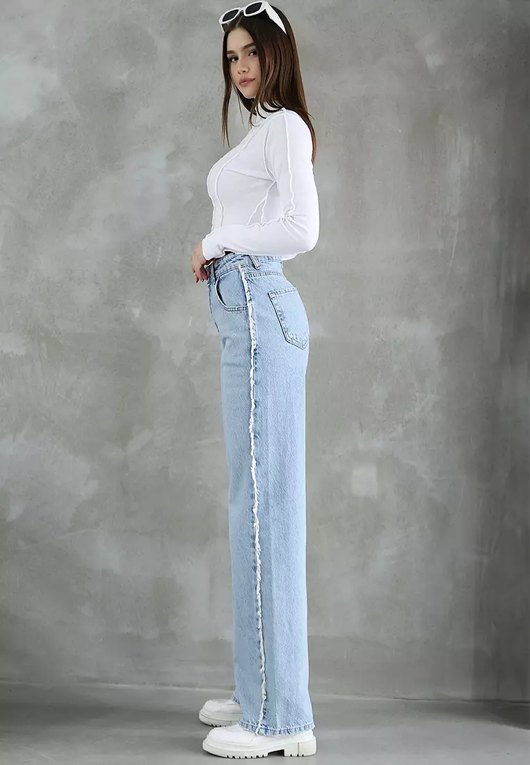 Fringed High Waist Straight Jeans