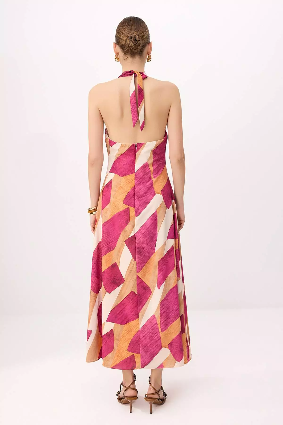 Multi Color Geometric Patterned V-Neck Maxi Woven Dress Twoss26El319