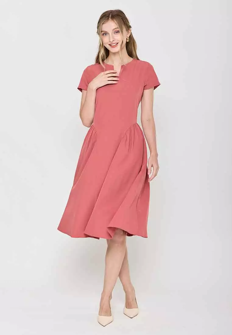 Jazmin Short Sleeves A-Line Dress with Pleats