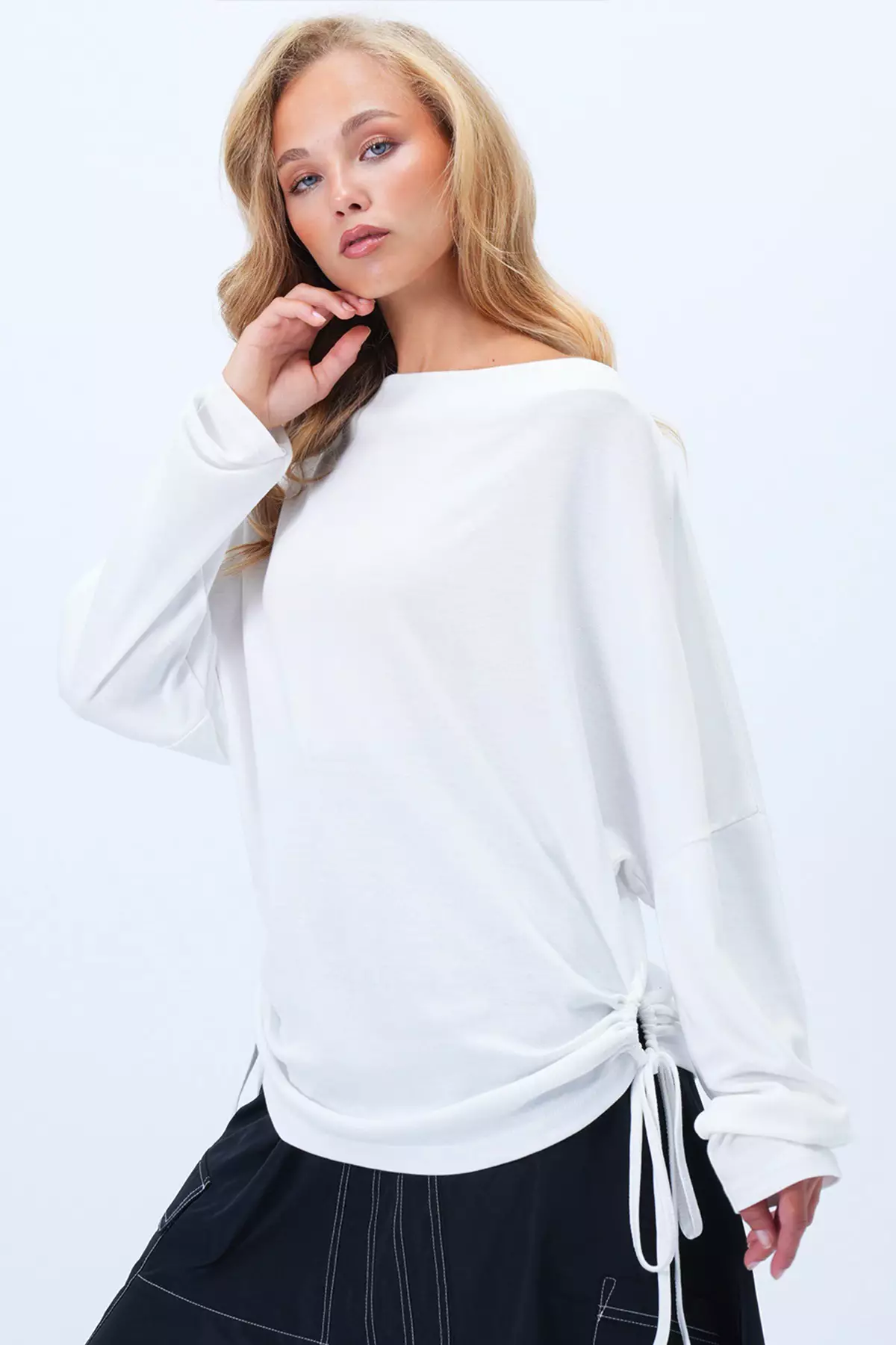 Women's White Cowl Neck Batwing Sides Wide Cut Blouse Alc-X14399