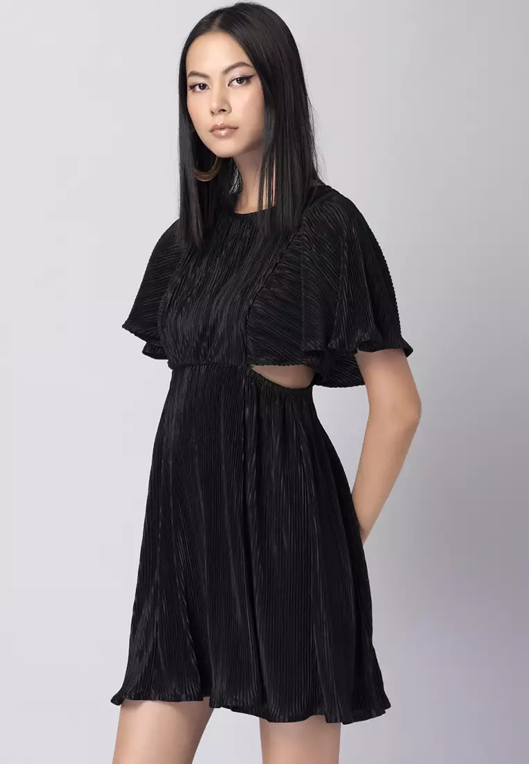 Black Pleated Waist Cut Out Dress