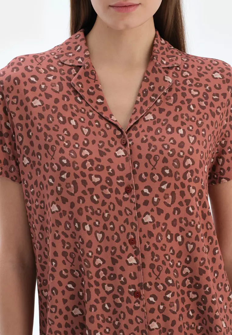 Terracotta Shirt & Shorts, Leopard, Shirt Collar, Regular, Short Leg, Short Sleeve Sleepwear for Women
