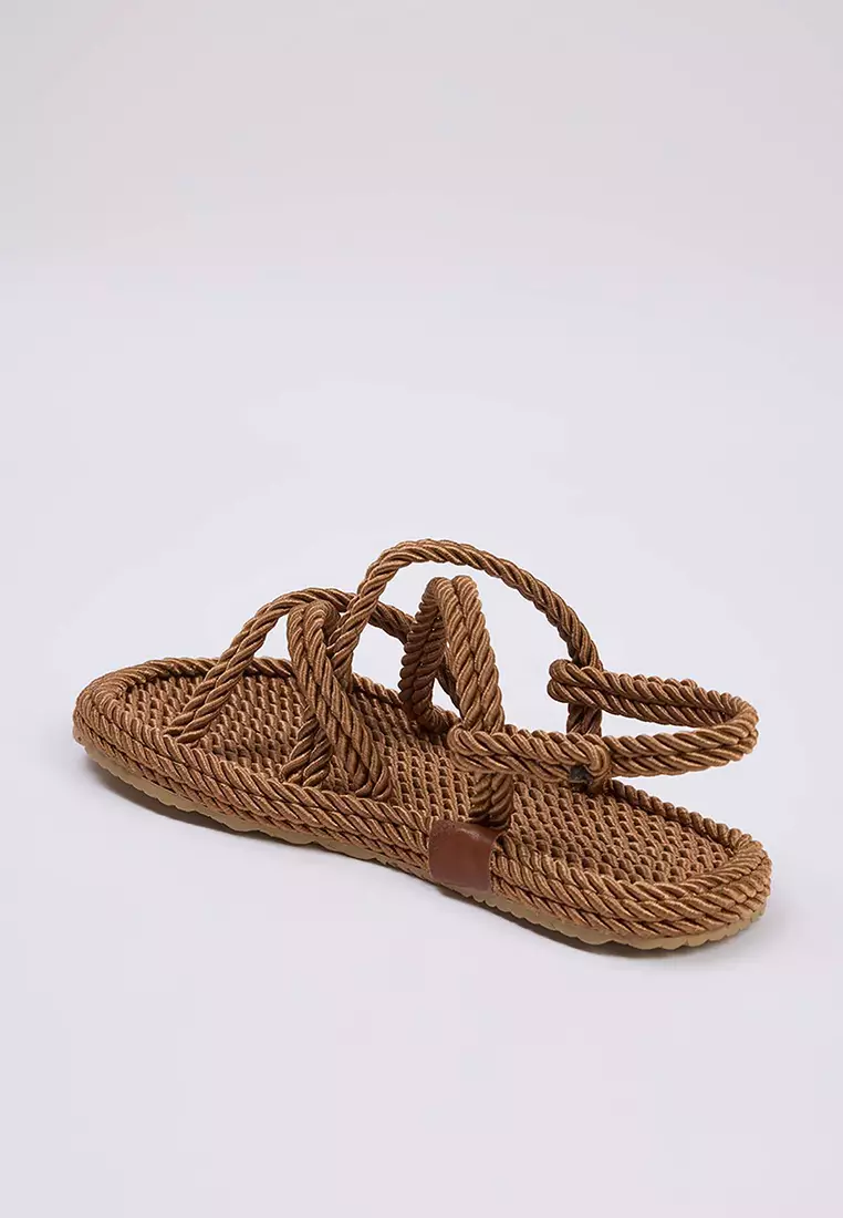 Brown Cross Strap Rope Drawstring Women's Straw Sandals Takss25Sd00056