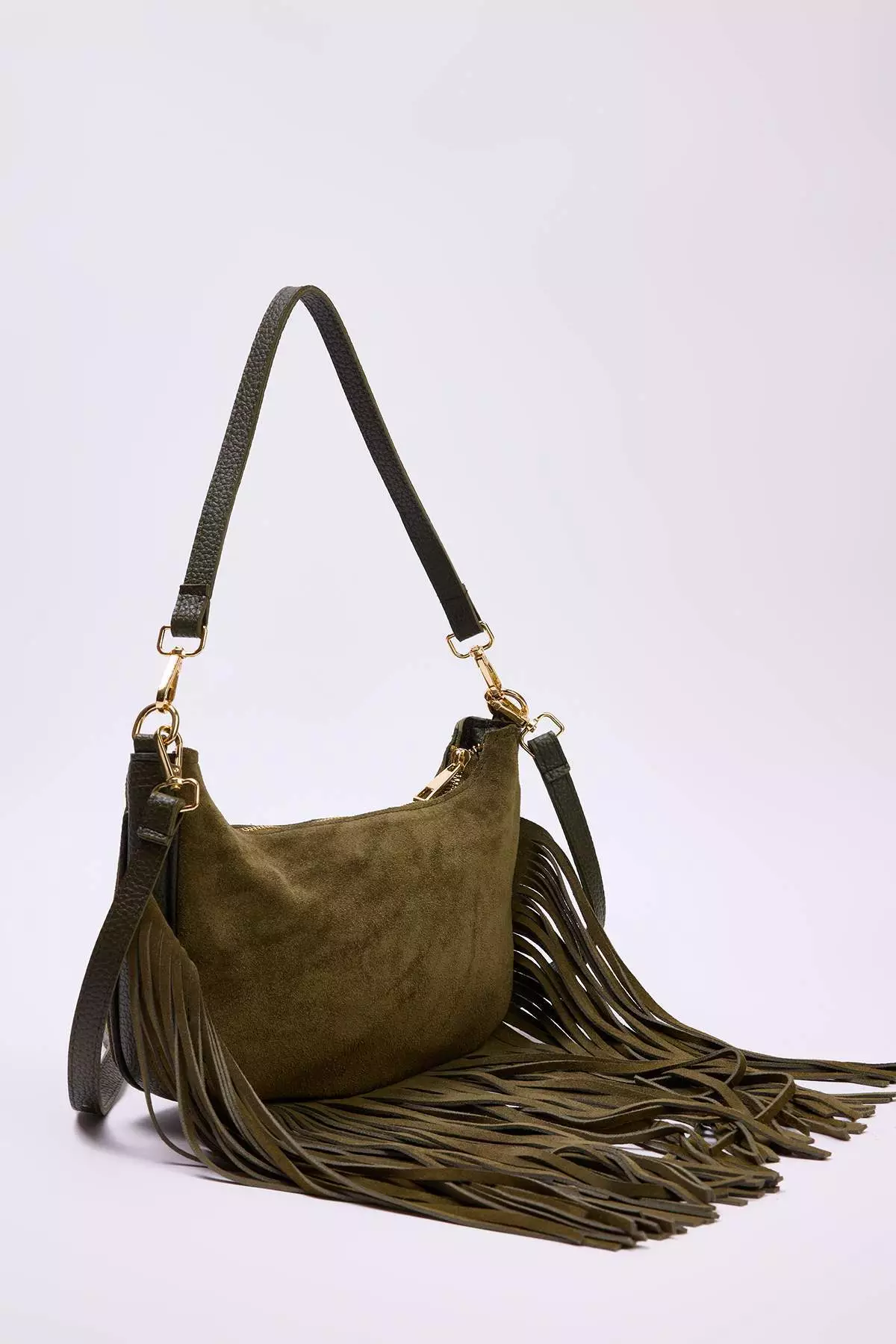 Khaki Tassel Detailed Premium Genuine Leather Women'S Shoulder Bag Takaw26Oc00044