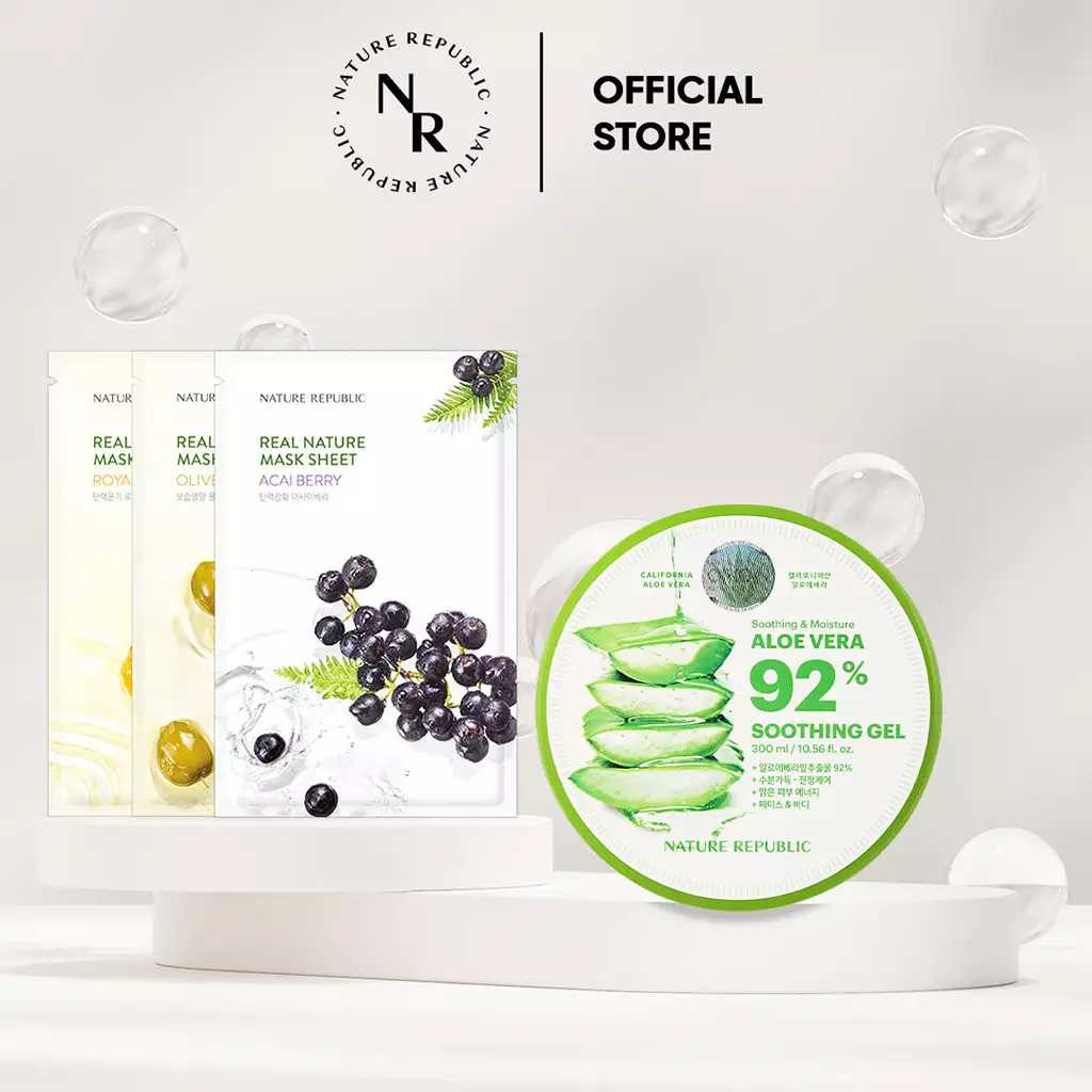 NATURE REPUBLIC [4 PCS] Aloe Vera 92% Soothing Gel 300ml + Real Nature Mask Sheet ( 3ea )