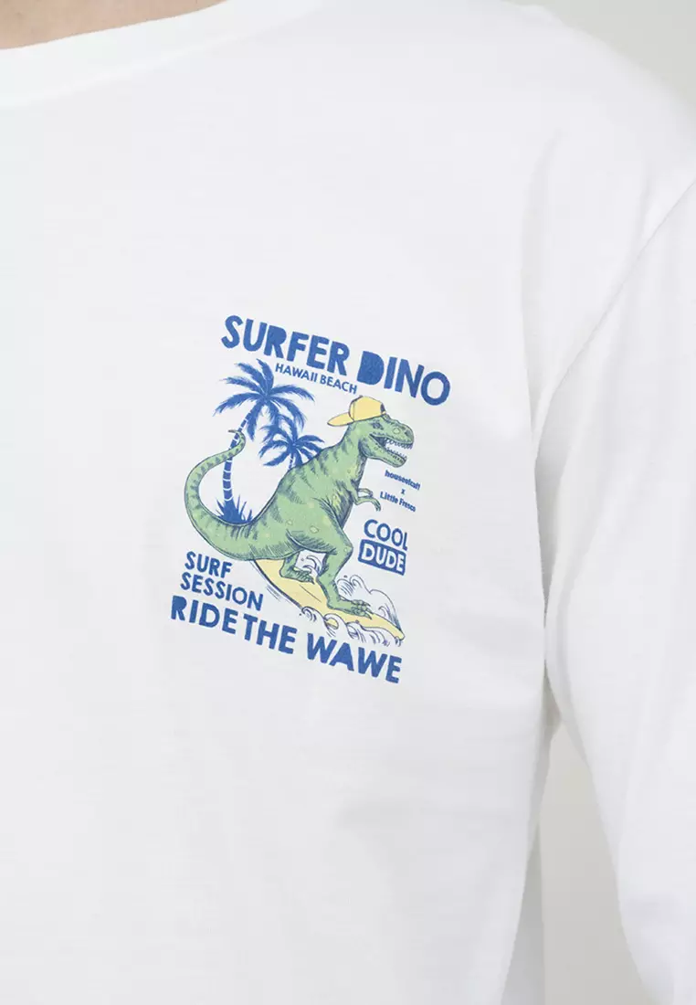 Kaos cotton combed lengan panjang pria putih houseofcuff surfer dino