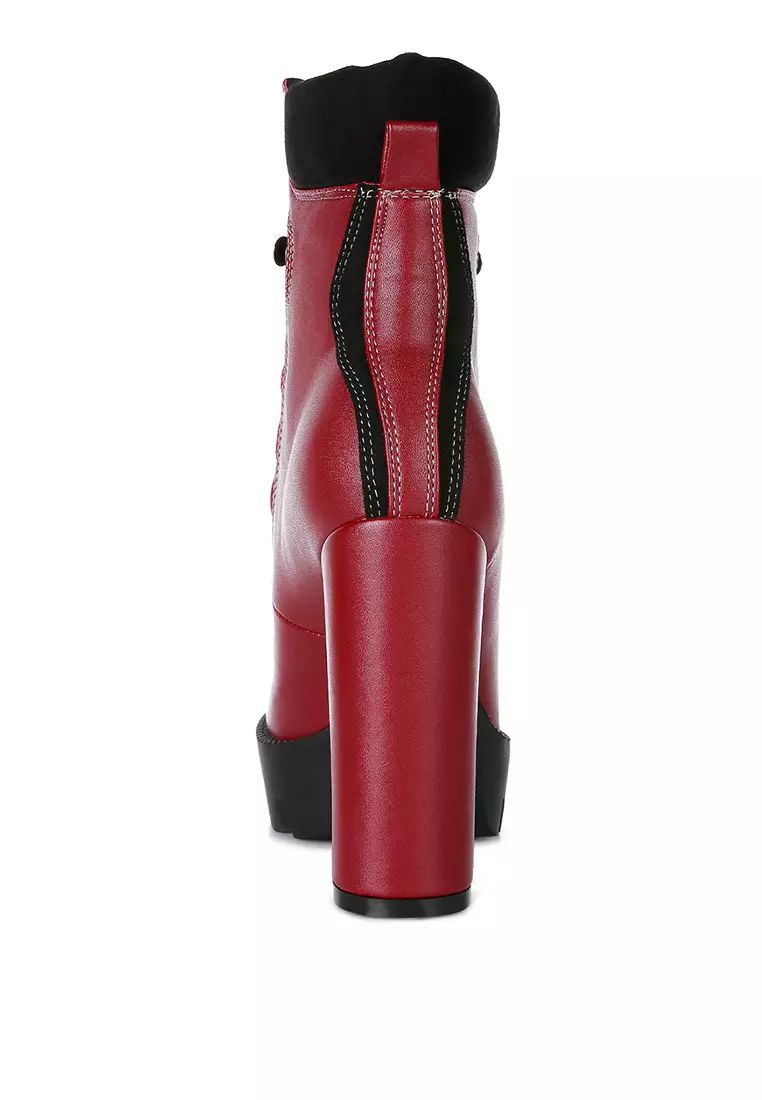 High Heel Lace-Up Biker Boot in Burgundy black